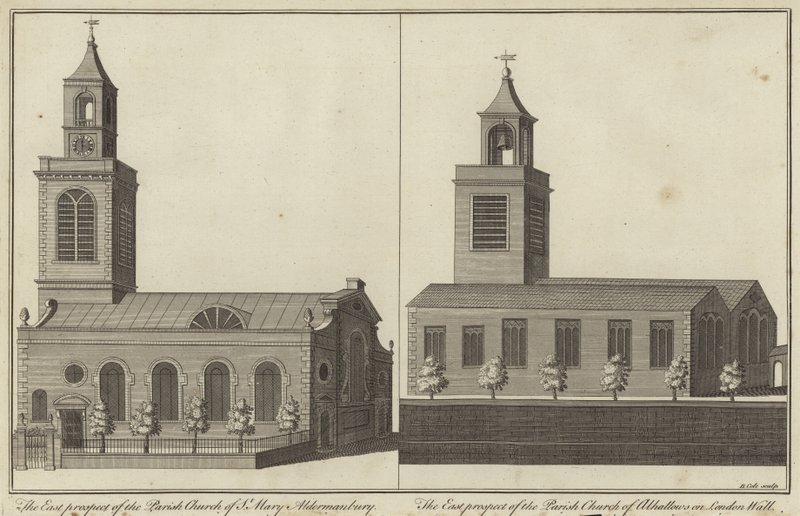 Church of St Mary, Aldermanbury og Church of Allhallows på London Wall, London af English School