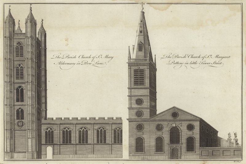 Church of St Mary Aldermary i Bow Lane og Church of St Margaret Pattens i Little Tower Street, London af English School
