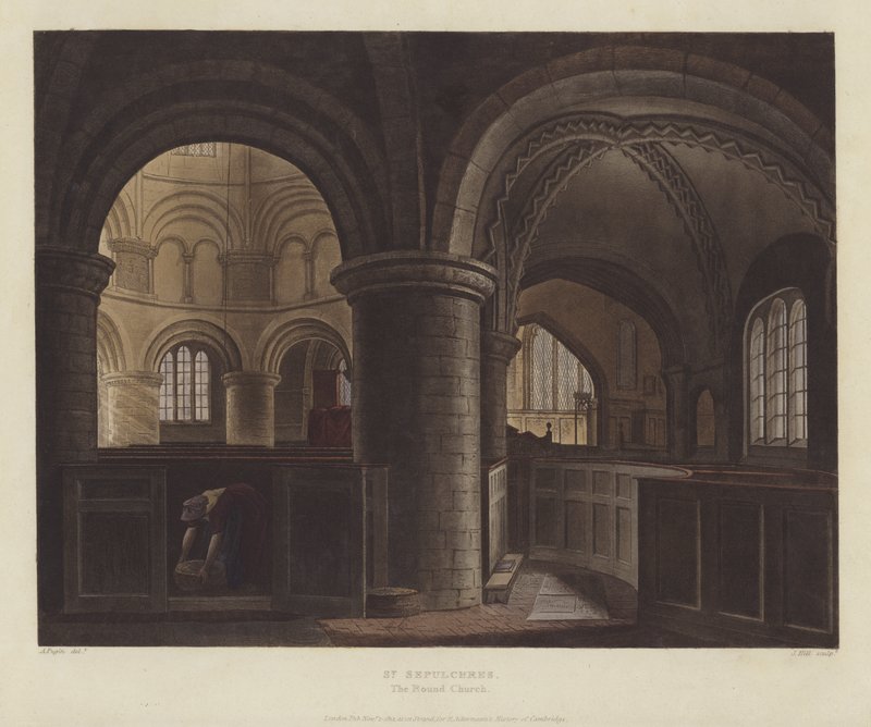 Den Hellige Gravs Kirke (Rundkirken), Cambridge (farvet gravering) af English School