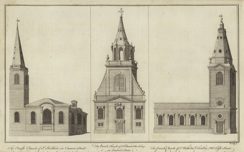 Churches of St Swithin, Cannon Street, St Edmund the King, Lombard Street og St Nicholas Cole Abbey, Old Fish Street af English School