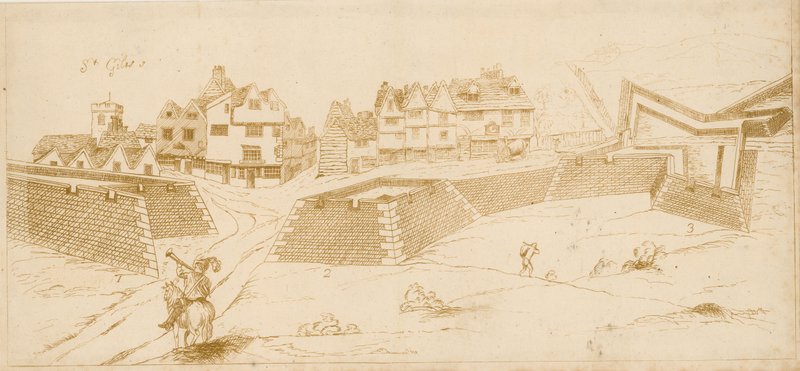 Borgerkrigsbefæstninger ved St Giles in the Fields, London; ætset faksimile af en tegning, der foregiver at være lavet af kaptajn John Eyre af English School