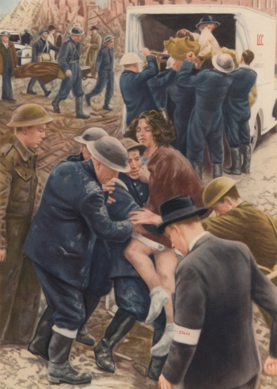 Civilforsvarets redningspatruljer bjærger ofre for et luftangreb fra ruinerne af deres hjem under blitzen, Anden Verdenskrig. af English School