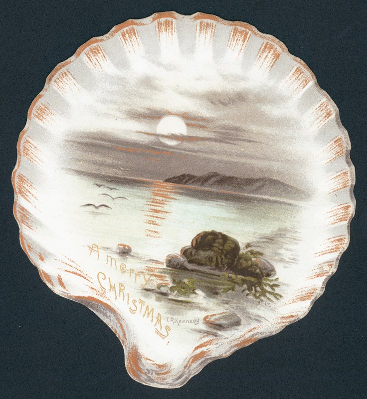 Muslingeskal med billede af havet, julekort af English School