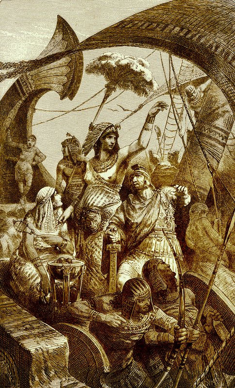 Cleopatra i slaget ved Actium, illustration fra The Illustrated History of the World, udgivet ca. 1880 (digitalt forbedret billede) Cleopatra VII (69-30 f.Kr.), sidste farao i det gamle Egypten; Kamp o af English School