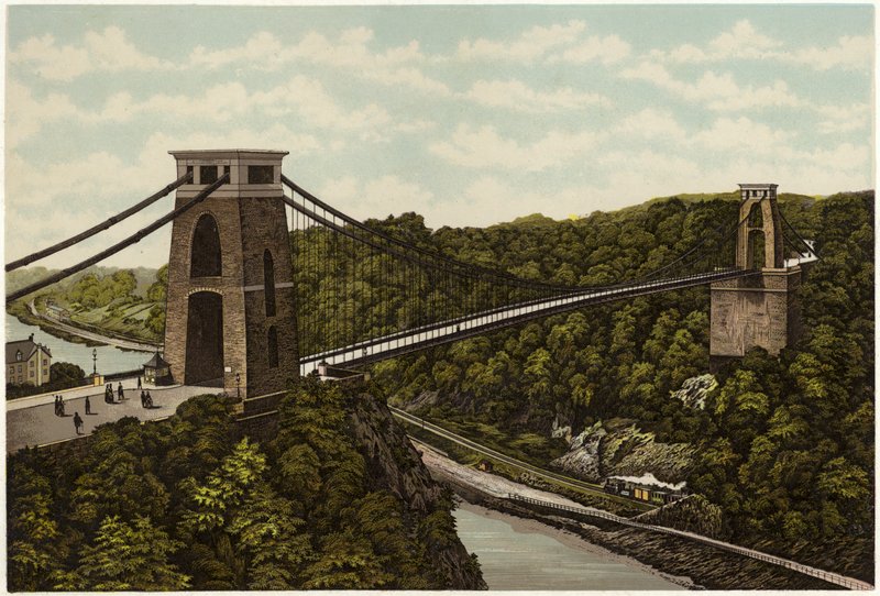 Clifton Suspension Bridge (farve litho) af English School