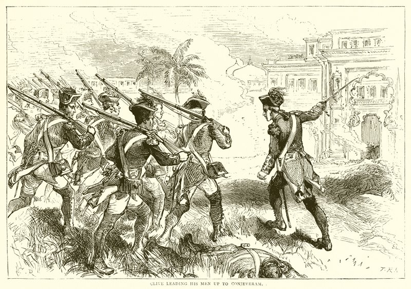 Clive fører sine mænd op til Conjeveram (1751) af English School