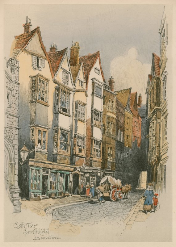 Cloth Fair, Smithfield, London, akvarelskitse (wc på papir) af English School