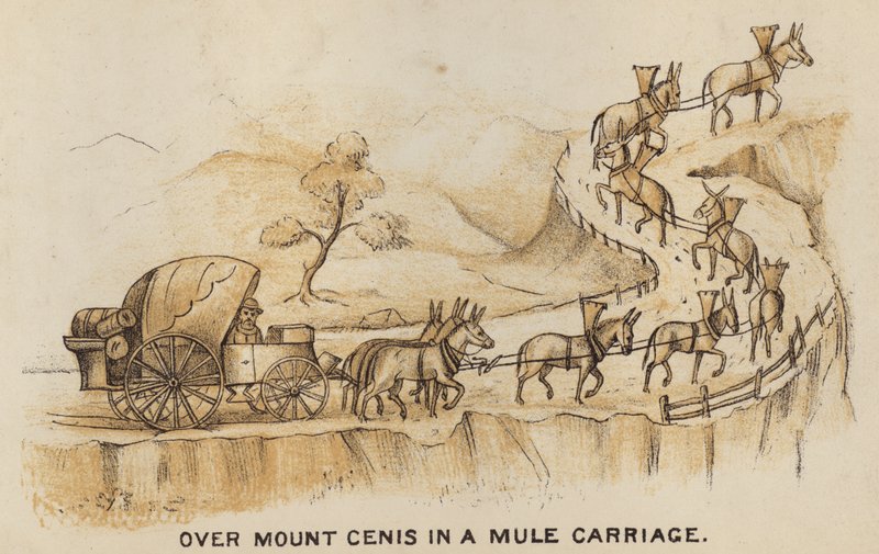 Trænere og coaching: Over Mount Cenis i en muldyrvogn (litografi) af English School