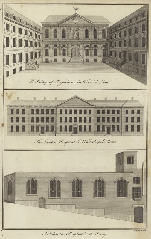 College of Physicians i Warwick Lane, London Hospital i Whitechapel Road og Church of St John the Baptist i Savoyen, London af English School