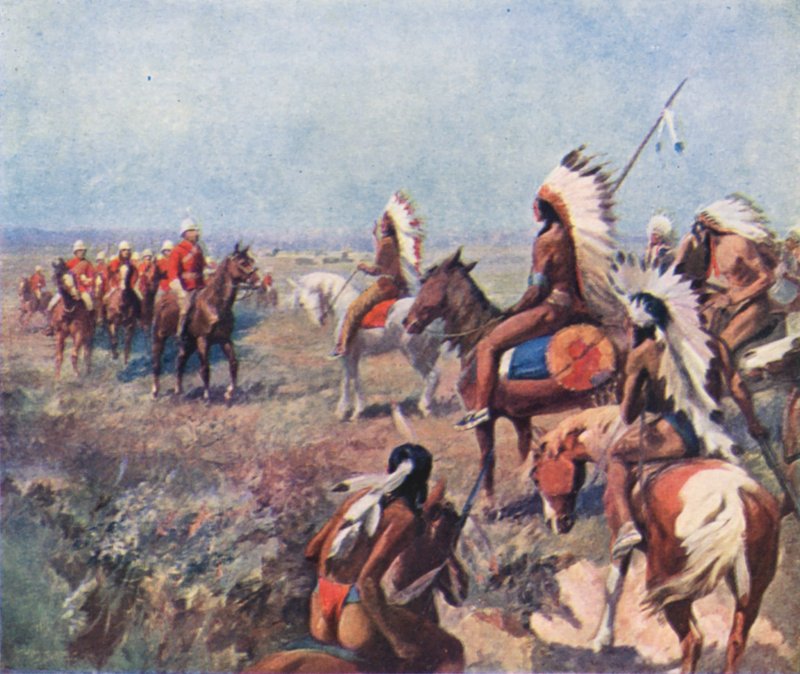 Oberst Macleod fra Royal North-West Mounted Police i samtale med indianere i Fort Macleod (farvelitografi) af English School