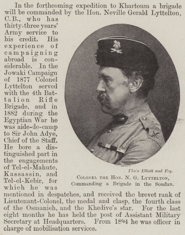 Oberst den ærede N G Lyttelton, kommanderende for en brigade i Soudan (gravering) af English School