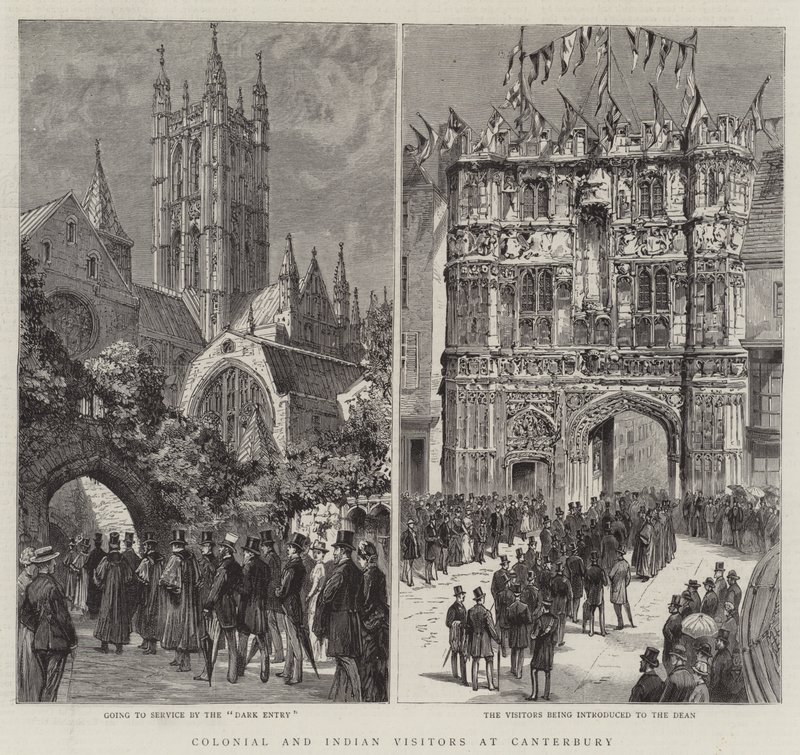 Kolonibesøgende og indiske besøgende ved Canterbury (gravering) af English School