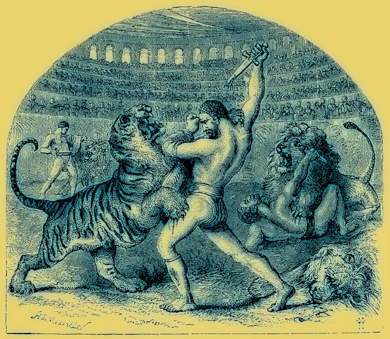 Combat of Gladiators with Wild Animals, illustration fra The Illustrated History of the World, udgivet ca. 1880 (digitalt forbedret billede) af English School