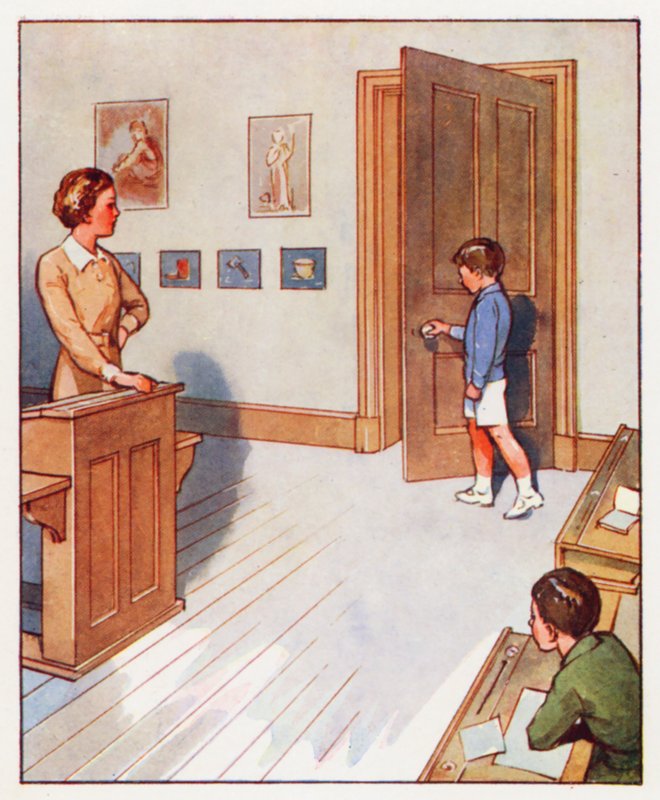 Kommandoer: Gå hen til døren og luk den (farvelitografi) af English School