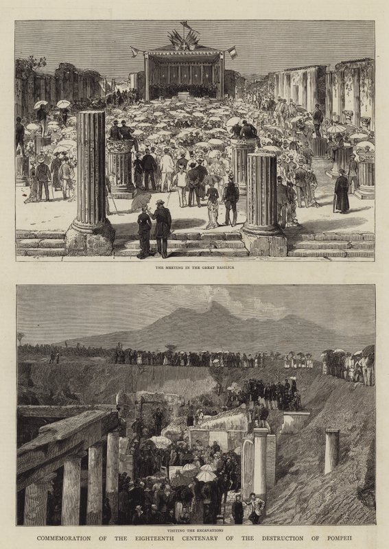 Højtideligholdelse af det attende århundrede for ødelæggelsen af Pompeji (gravering) af English School