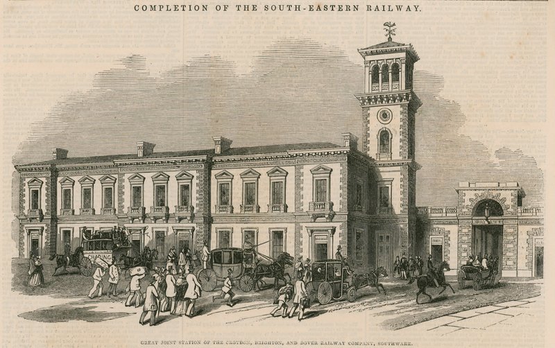 Færdiggørelse af South-Eastern Railway: Great fælles station for Croydon, Brighton og Dover Railway Company, Southwark, London af English School
