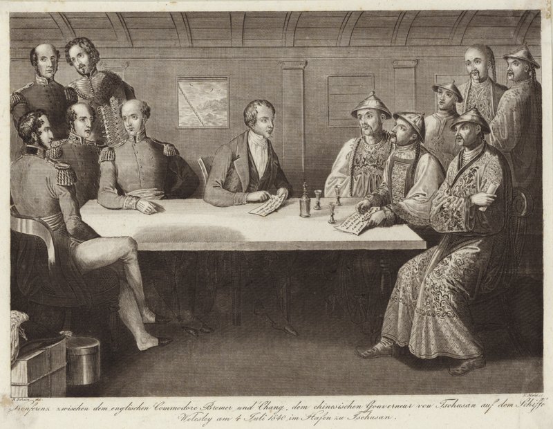 Konference i Chusan mellem Commodore Bremer og en kinesisk embedsmand på HMS Wellesley 4. juli 1841 af English School