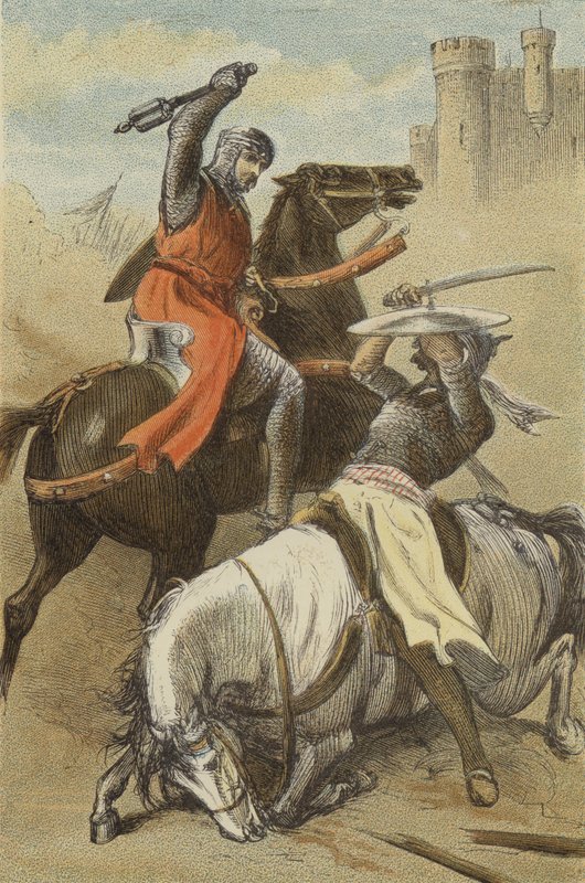 Konflikt mellem Godfrey de Bouillon og saracenerne, ved Antiochia (farvet gravering) af English School