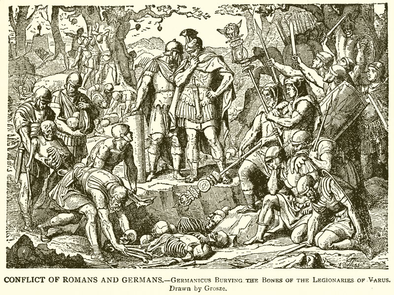 Konflikt mellem romere og tyskere.--Germanicus begraver knoglerne fra Varus legionærer af English School