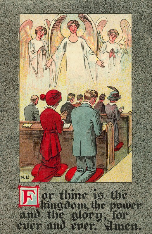 Menighed, der reciterer Fadervor (farve litho) af English School