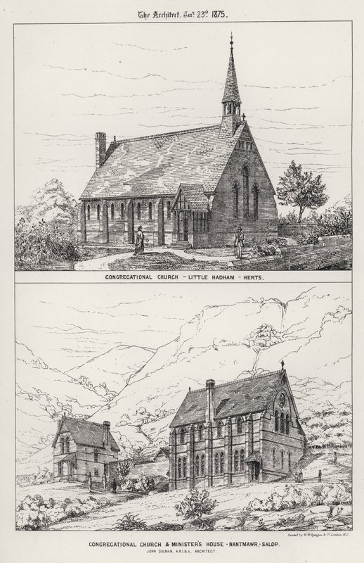 Congregational Church, Little Hadham, Herts; Menighedskirke og ministerhus, Nantmawr, Salop (gravering) af English School