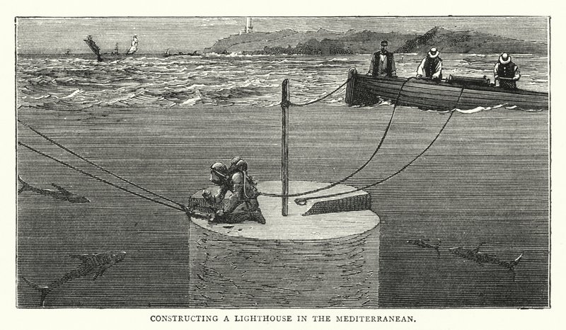Konstruktion af et fyrtårn i Middelhavet (farvet gravering) af English School