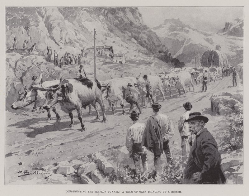 Konstruktion af Simplon-tunnelen, et hold okser, der bringer en kedel op (litho) af English School