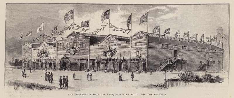Convention Hall, Belfast, bygget til Ulster Unionist Convention i 1892, afholdt for at demonstrere Ulster Unionists modstand mod irsk hjemmestyre (litho) af English School