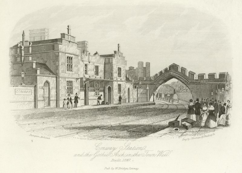 Conwy Station og den gotiske bue i bymuren, bygget 1847 af English School