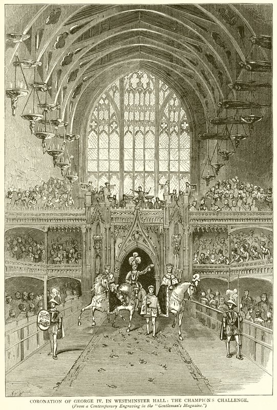 Kroningen af Georg IV. i Westminster Hall: The Champions Challenge af English School