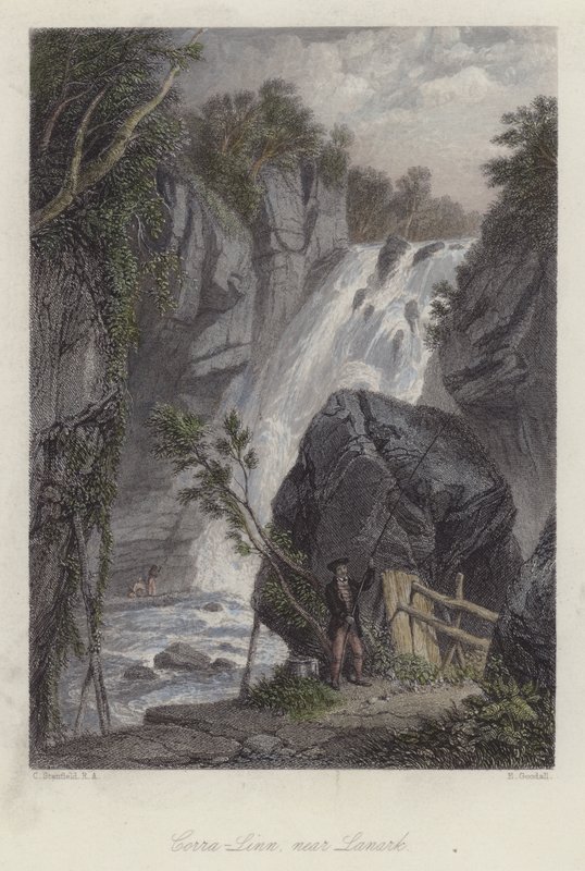 Corra Linn, nær Lanark, Skotland (farvet gravering) af English School