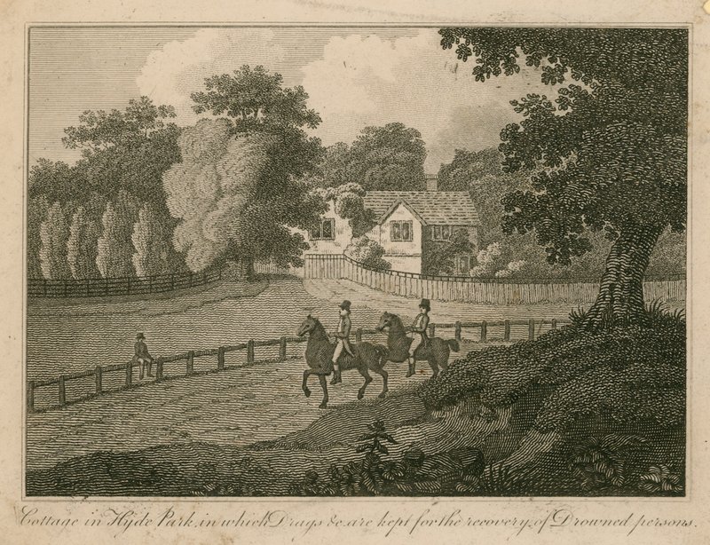 Sommerhus i Hyde Park, hvor der opbevares stoffer osv. til genvinding af druknede personer af English School
