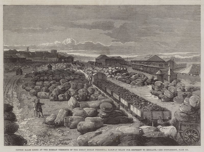 Bomuldsballer liggende ved Bombay Terminus of the Great Indian Peninsula Railway klar til forsendelse til England (gravering) af English School