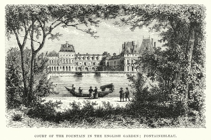 Court of the Fountain in the English Garden, Fontainebleau (gravering) af English School