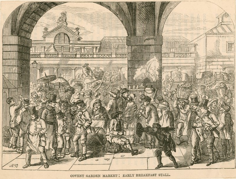 Covent Garden Market, London: tidlig morgenmadsbod af English School