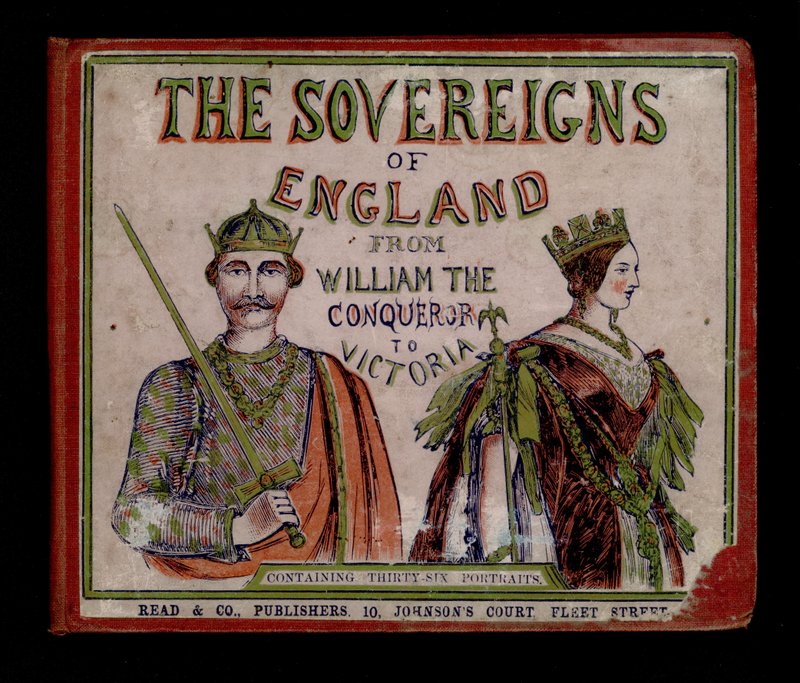 Forsideillustration til The Sovereigns of England (farvet gravering) af English School