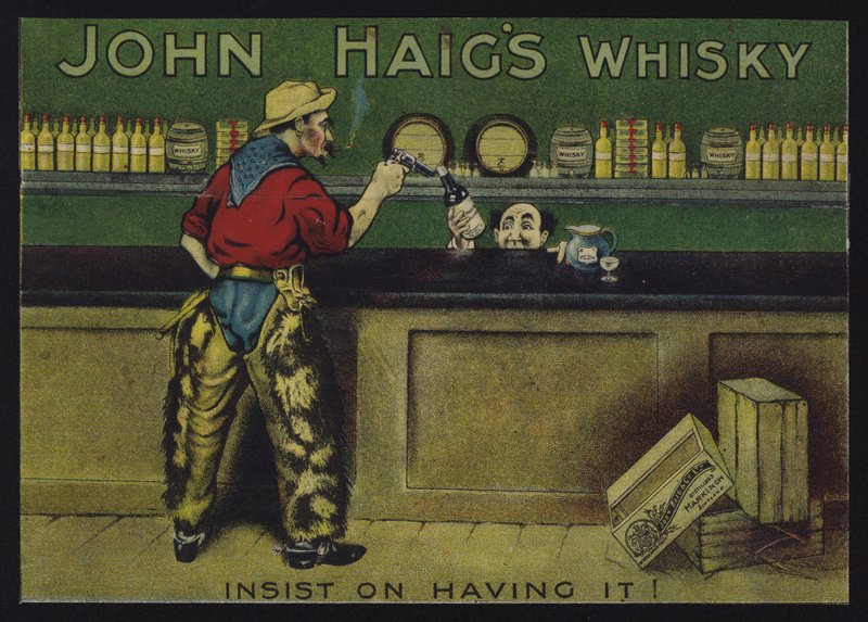 Cowboy in a salon, advertisement for John Haig