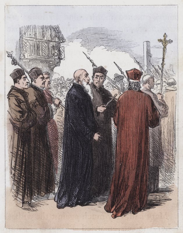 Cranmer førte til henrettelse (farvet gravering) af English School