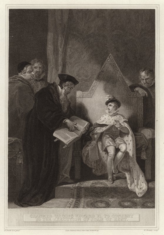 Cranmer opfordrer Edward VI til at give samtykke til henrettelsen af Joan of Kent af English School