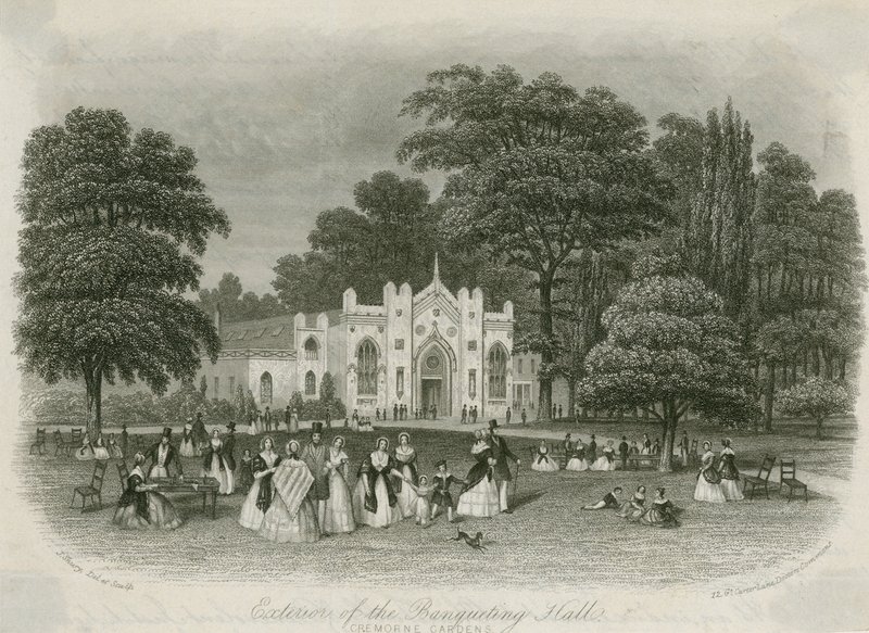 Cremorne Gardens, London: eksteriør af banketsalen af English School