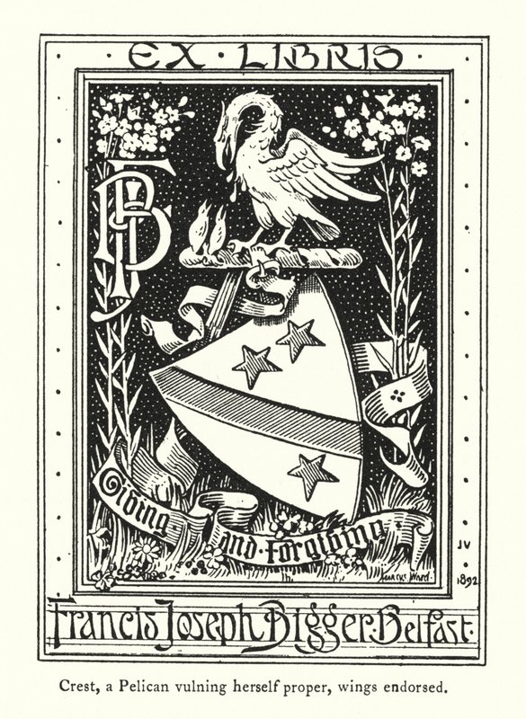 Crest, en pelikan, der fylder sig selv, påtegnet med vinger (gravering) af English School