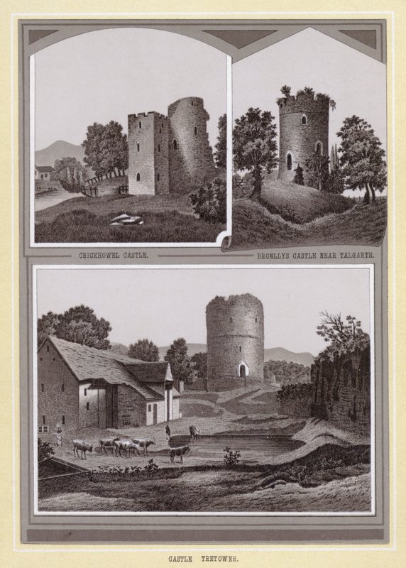 Crickhowel Castle; Bronllys Slot nær Talgarth; Castle Tretower (litho) af English School