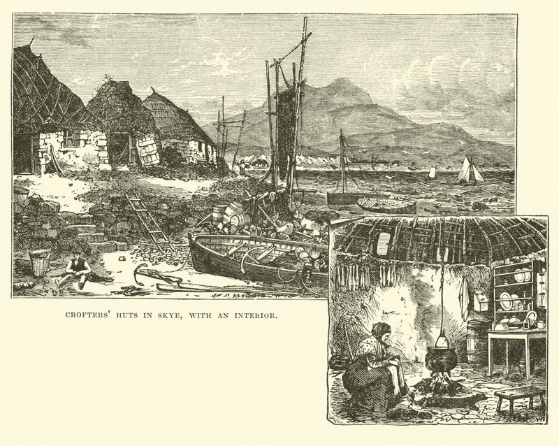 Crofters hytter i Skye, med et interiør af English School