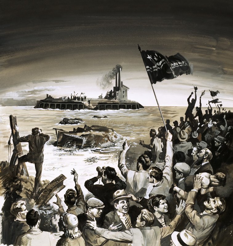 Folk jubler og vifter med flag ved havet til en anden gruppe flagviftere af English School