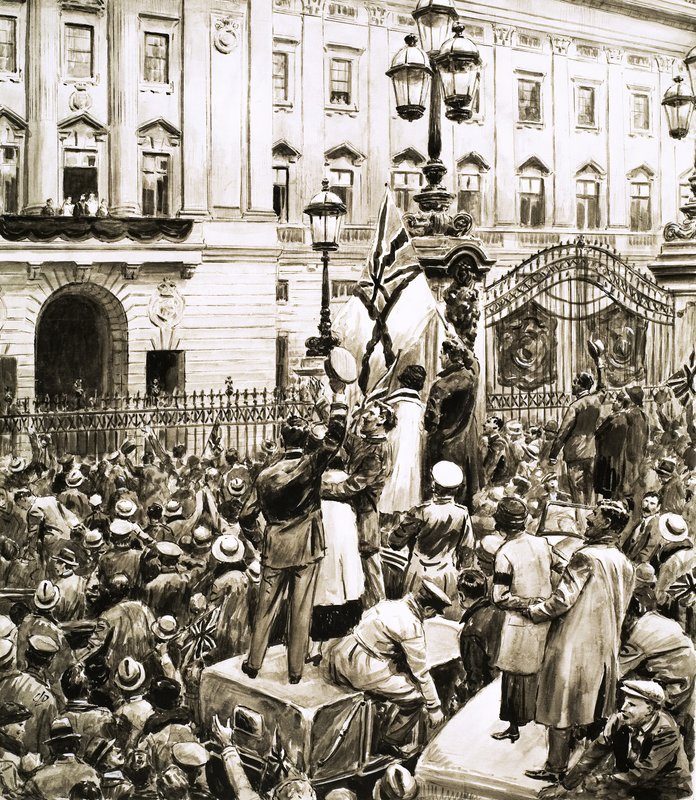 Folkemængden uden for Buckingham Palace hylder kong George V på våbenhviledagen af English School