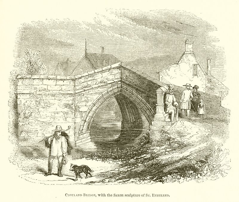 Croyland Bridge, med den saksiske skulptur af St. Ethelred (gravering) af English School