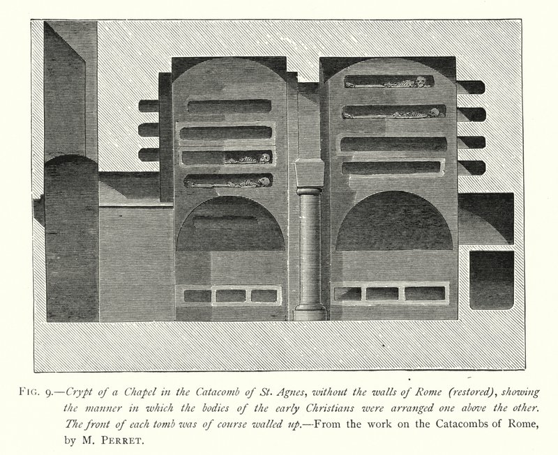 Krypten af et kapel i Catacomb of St Agnes, uden Roms mure (restaureret), som viser måden, hvorpå de tidlige kristnes kroppe var arrangeret over hinanden (gravering) af English School