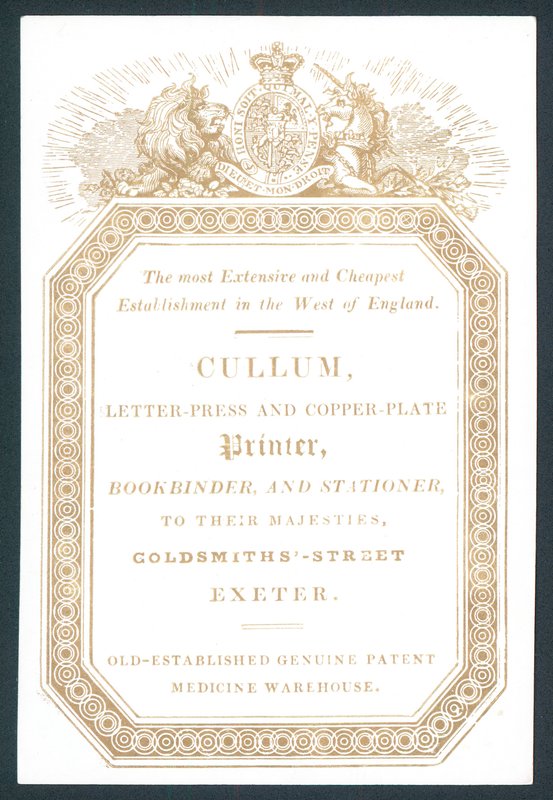 Cullum, Letter-Press og Copper-Plate Printer, handelskort af English School