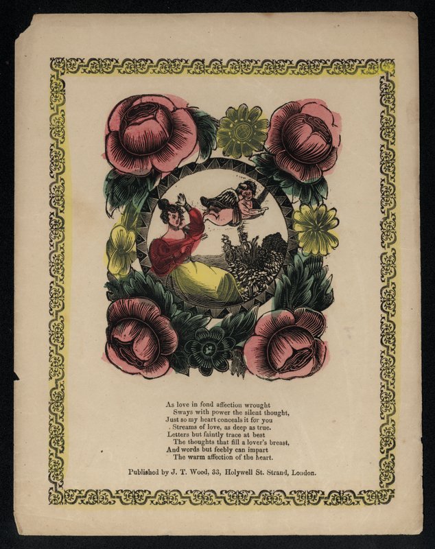 Amor og kvinde i en have omgivet af blomster, kærlighedsdigt (farvet gravering) af English School