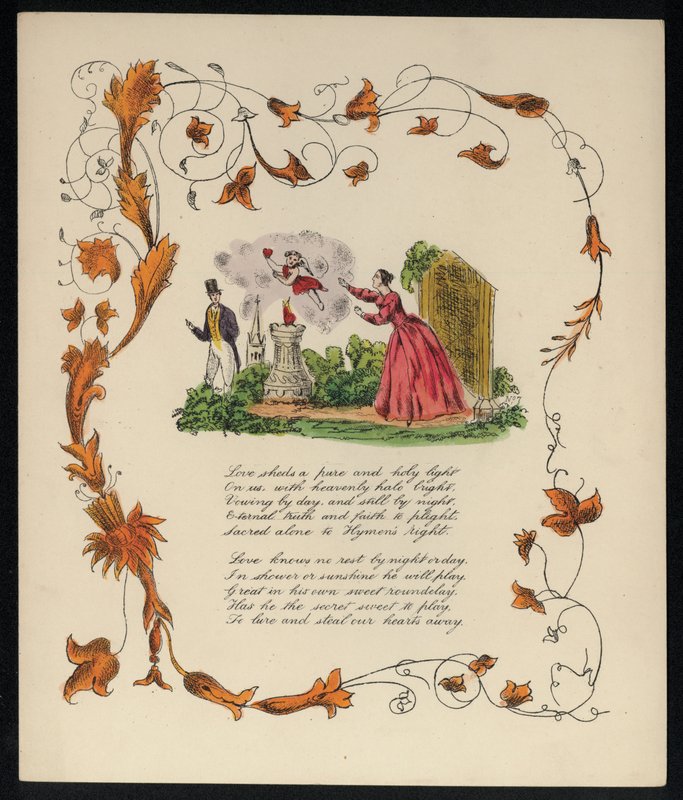 Amor stjæler en kvindes hjerte for at give det til en mand, kærlighedsdigt (farve litho) af English School